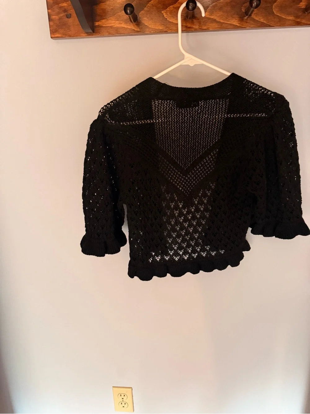 Zara Black Open-Knit Cropped Cardigan with Ruffle Trim